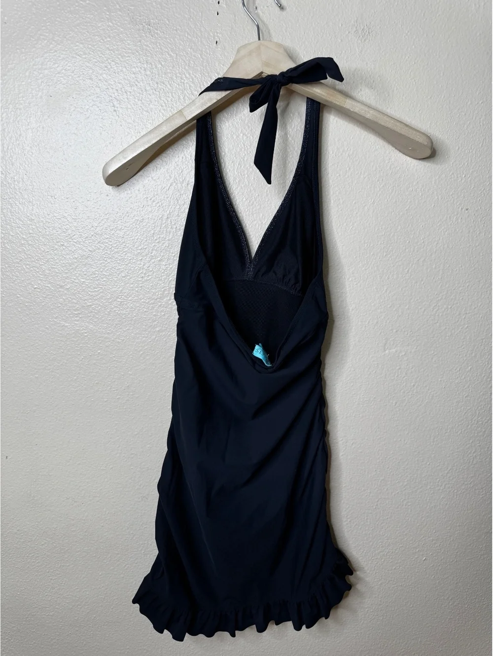 ASSETS by Sara Blakely SPANX Black Ruched Halter Swimdress Ruffle Hem Size M